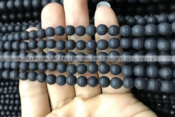 CAA2438 15.5 inches 6mm faceted round matte black agate beads