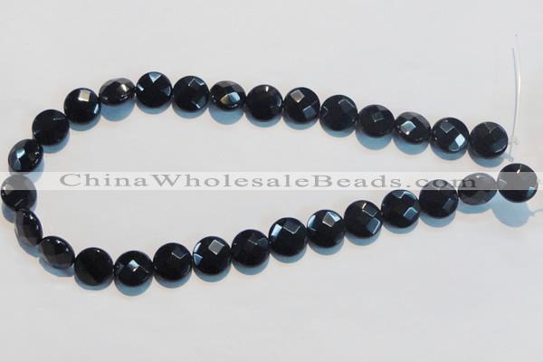 CAB810 15.5 inches 14mm faceted coin black gemstone agate beads