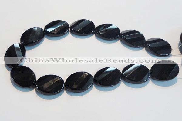 CAB816 15.5 inches 22*30mm faceted & twisted oval black agate beads