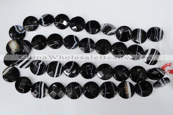 CAG3076 15.5 inches 20mm faceted coin black line agate beads