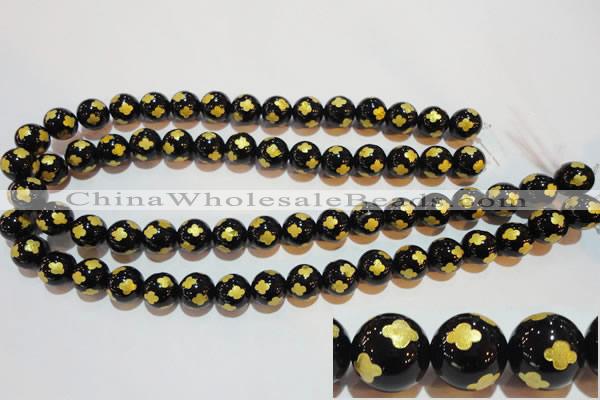 CAG3364 15.5 inches 12mm carved round black agate beads wholesale