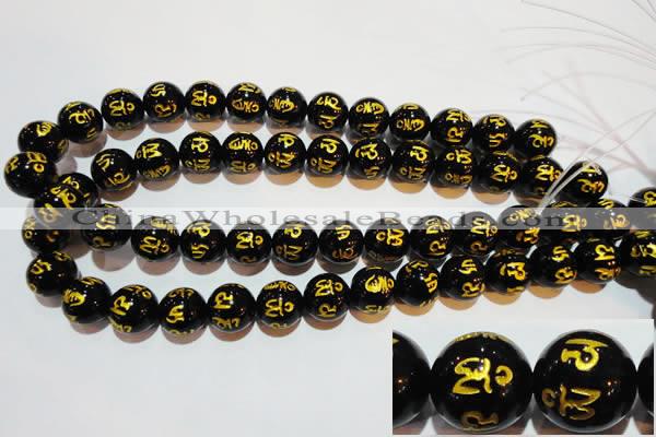 CAG3375 15.5 inches 14mm carved round black agate beads wholesale