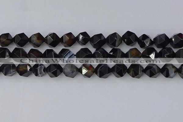 CAG9984 15.5 inches 12mm faceted nuggets black line agate beads