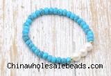 CFB704 faceted rondelle turquoise & potato white freshwater pearl stretchy bracelet