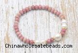 CFB729 faceted rondelle pink wooden jasper & potato white freshwater pearl stretchy bracelet