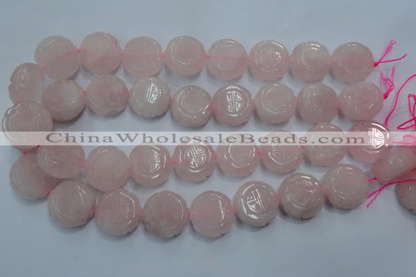 CFG205 15.5 inches 24mm carved coin rose quartz gemstone beads