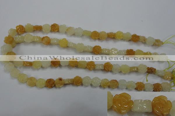 CFG881 15.5 inches 10mm carved flower yellow jade gemstone beads