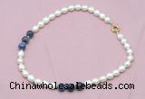 CFN316 9 - 10mm rice white freshwater pearl & sodalite necklace wholesale