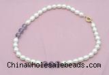 CFN332 9 - 10mm rice white freshwater pearl & amethyst necklace wholesale