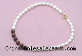 CFN440 9 - 10mm rice white freshwater pearl & mahogany obsidian necklace