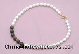 CFN446 9 - 10mm rice white freshwater pearl & bronzite gemstone necklace