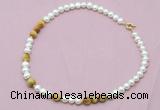 CFN526 9mm - 10mm potato white freshwater pearl & golden tiger eye necklace