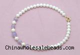 CFN705 9mm - 10mm potato white freshwater pearl & lavender amethyst necklace