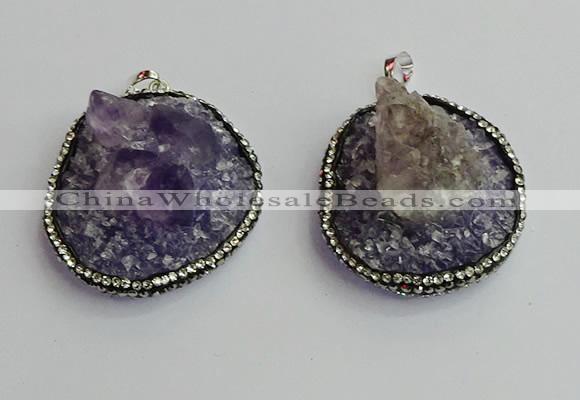 CGP366 30*40mm - 35*45mm freeform crystal glass & amethyst pendants