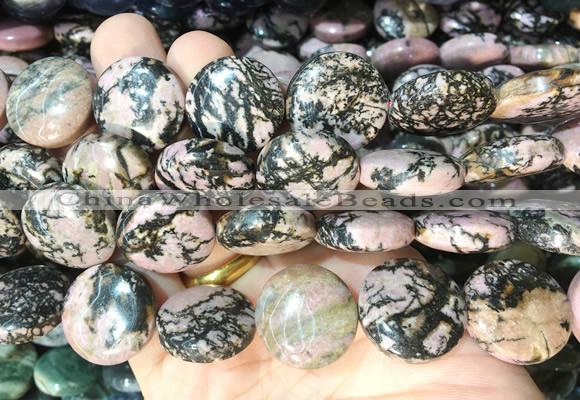 CIBS27 15 inches 20mm coin black veined rhodonite gemstone beads wholesale