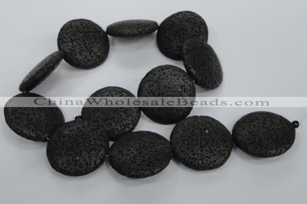 CLV51 15.5 inches 32mm flat round black natural lava beads wholesale