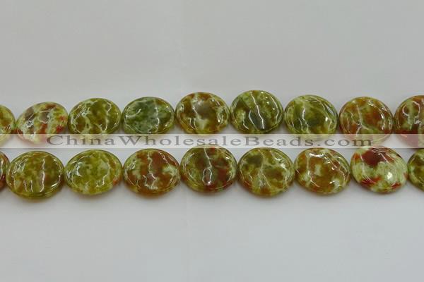 CNS627 15.5 inches 25mm flat round green dragon serpentine jasper beads