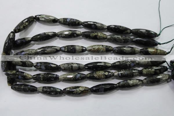 COP480 15.5 inches 10*30mm faceted rice natural grey opal beads