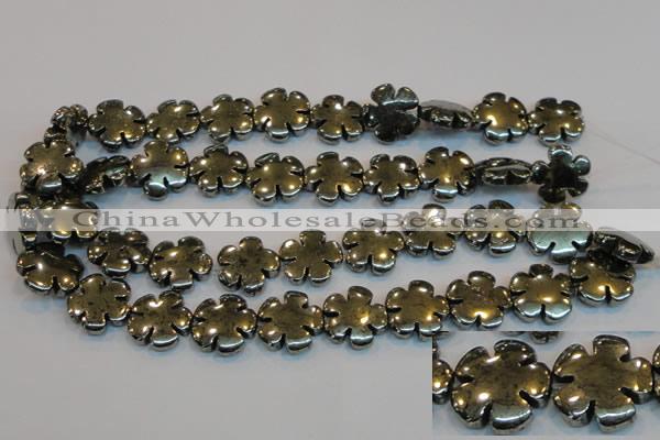 CPY165 15.5 inches 20mm carved flower pyrite gemstone beads wholesale