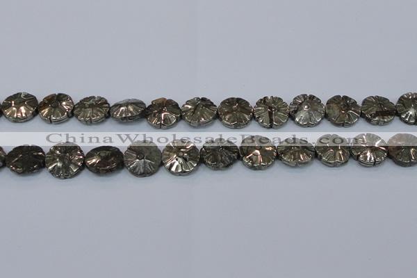 CPY660 15.5 inches 15mm carved flower pyrite gemstone beads