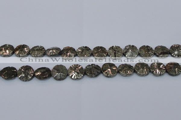 CPY661 15.5 inches 16mm carved flower pyrite gemstone beads