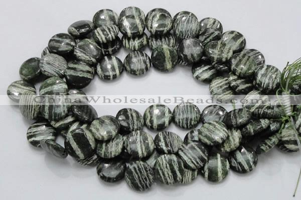 CSJ44 15.5 inches 20mm flat round green silver line jasper beads