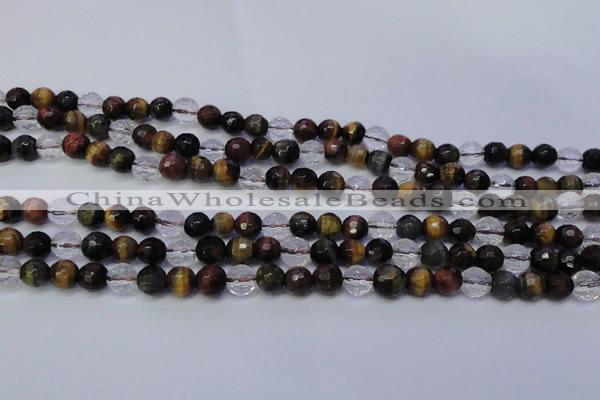 CTE1131 15 inches 6mm faceted round mixed tiger eye & white crystal beads