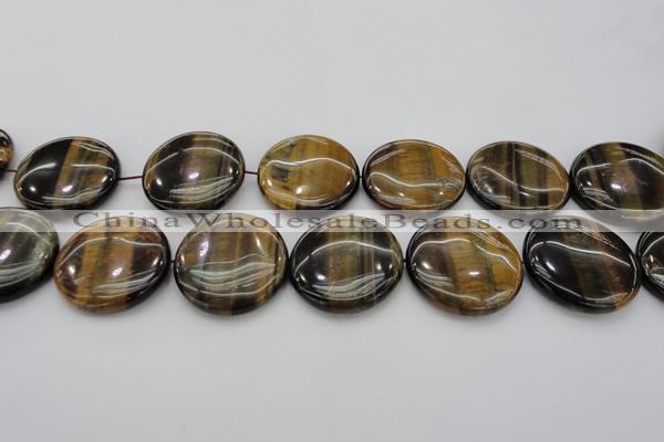 CTE1354 15.5 inches 40mm flat round yellow & blue tiger eye beads