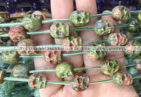 FGBS132 15 inches 12mm carved skull unakite beads wholesale