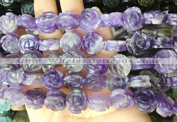 FGBS141 15 inches 14mm carved rose flower amethyst beads