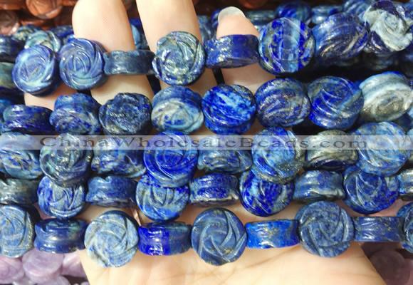 FGBS157 15 inches 14mm carved rose flower lapis lazuli beads