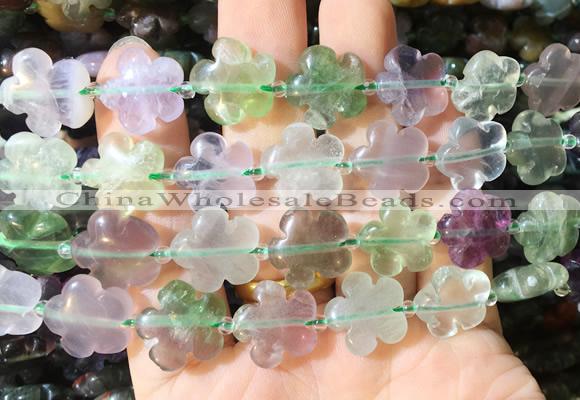 FGBS173 15 inches 15mm carved five petal flower fluorite beads wholesale