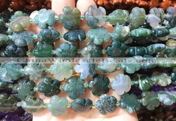 FGBS175 15 inches 15mm carved five petal flower moss agate beads wholesale