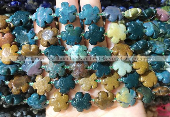 FGBS176 15 inches 15mm carved five petal flower ocean agate beads wholesale