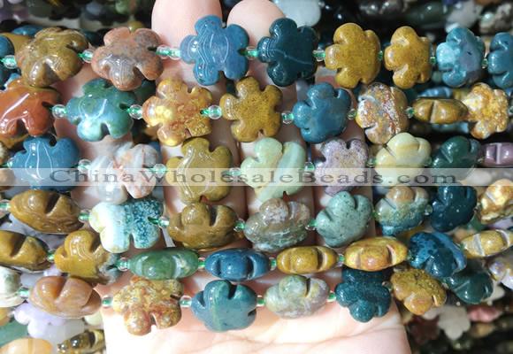 FGBS177 15 inches 15mm carved five petal flower ocean agate beads wholesale