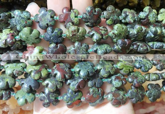 FGBS183 15 inches 15mm carved five petal flower dragon blood jasper beads wholesale