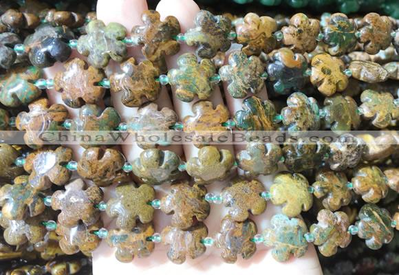 FGBS185 15 inches 15mm carved five petal flower green opal beads wholesale