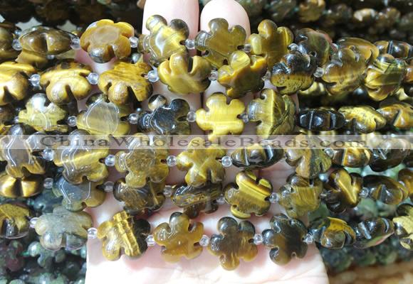 FGBS187 15 inches 15mm carved five petal flower yellow tiger eye beads wholesale