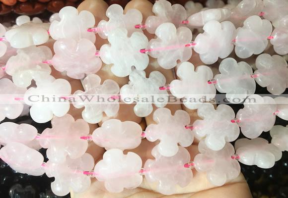 FGBS195 15 inches 20mm carved 5 petal flower rose quartz beads wholesale