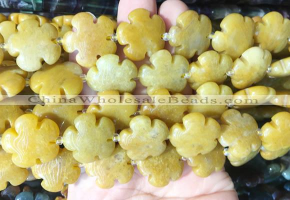 FGBS197 15 inches 20mm carved 5 petal flower yellow aventurine beads wholesale