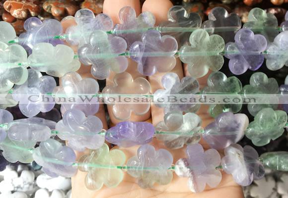 FGBS201 15 inches 20mm carved 5 petal flower fluorite beads wholesale