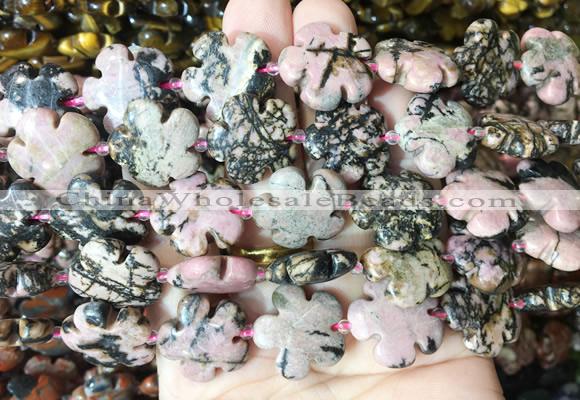 FGBS209 15 inches 20mm carved 5 petal flower black veined rhodonite beads wholesale