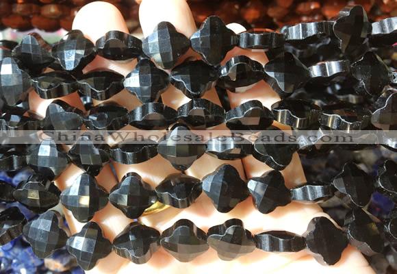 FGBS249 15 inches 13mm faceted 4 leaf clover black obsidian beads wholesale