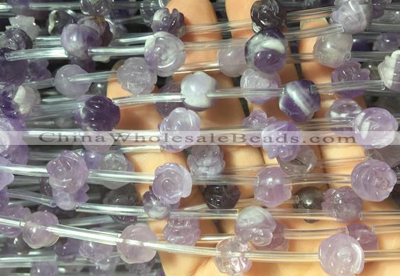 FGBS27 15 inches 8mm, 10mm, 12mm carved rose flower amethyst beads