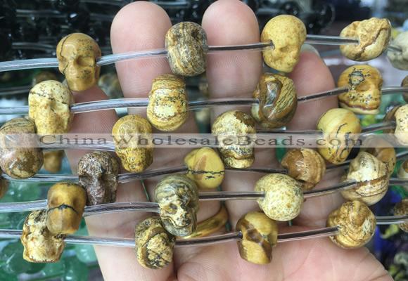 FGBS92 15 inches 12mm carved skull picture jasper beads wholesale