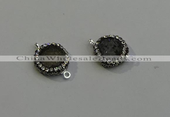 NGC5043 12mm - 14mm flat round druzy agate with rhinestone connectors