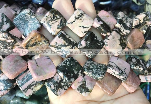 TWBS93 15 inches 16mm twist diamond black veined rhodonite beads wholesale